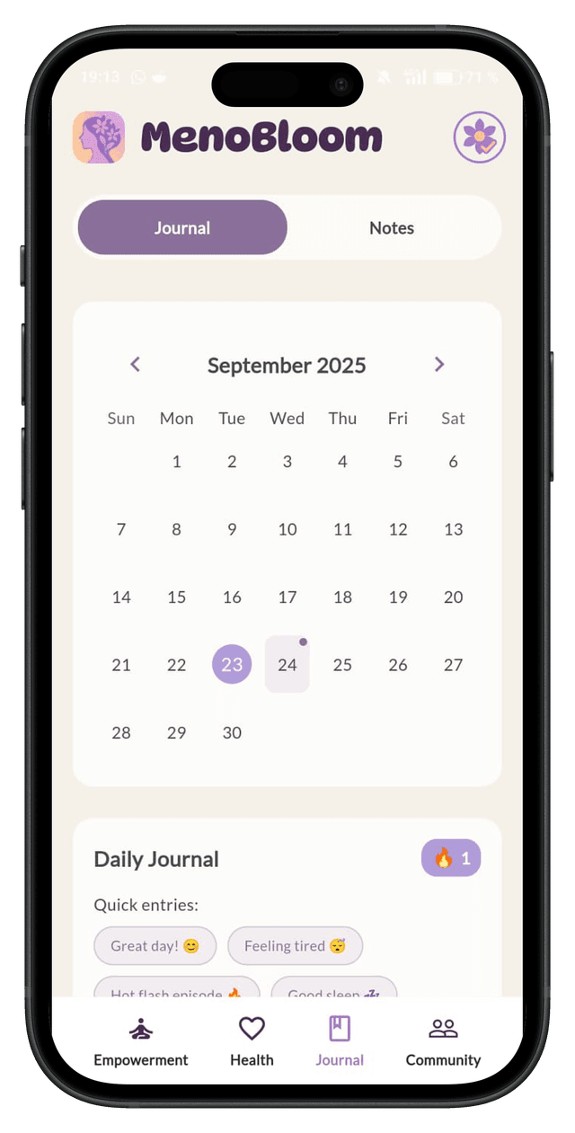 Health journal calendar in the MenoBloom app
